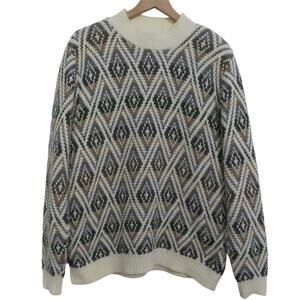 Alfred Dunner Womens Sz L Cream Green Tan Diamond Knit Sweater Made in the USA